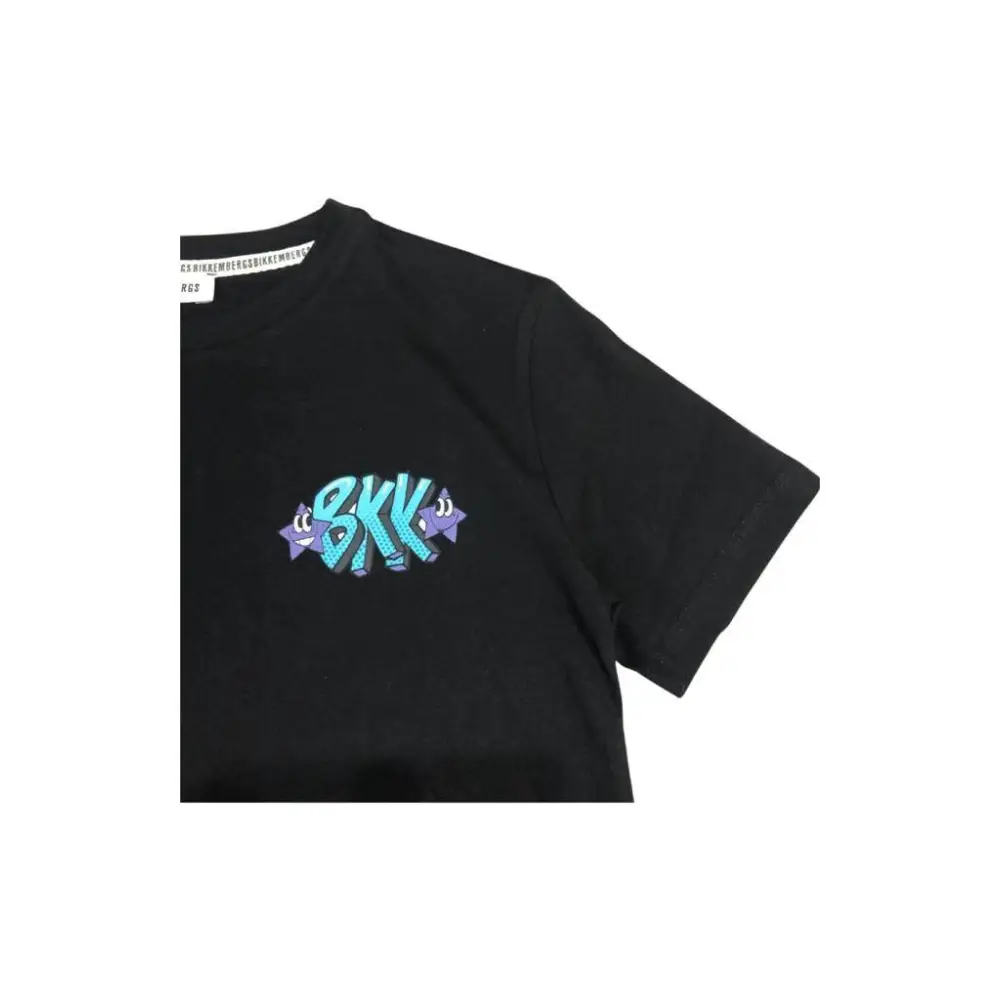 maglietta Bikkembergs ragazzo manica corta nera con piccolo logo grafico turchese e viola sul petto collo rotondo