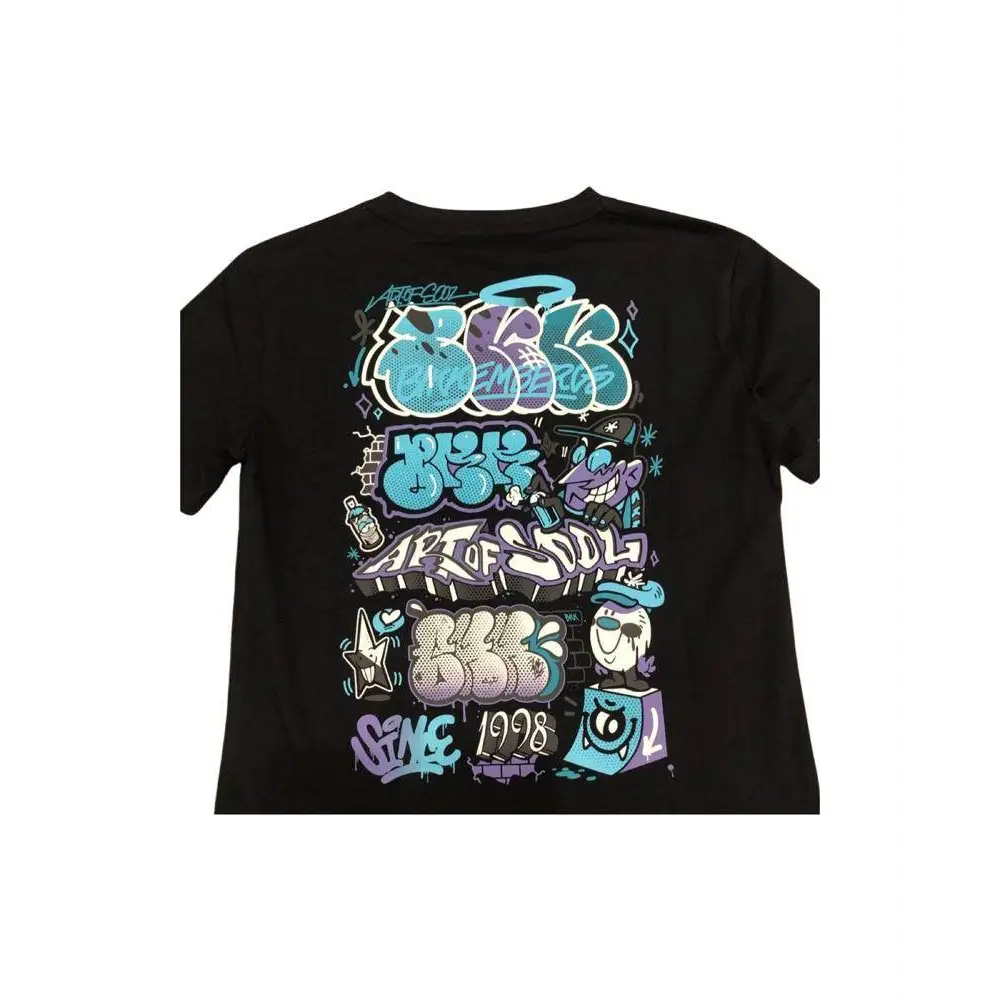 maglietta Bikkembergs ragazzo manica corta nera vista retro con stampa graffiti colorata turchese viola bianca