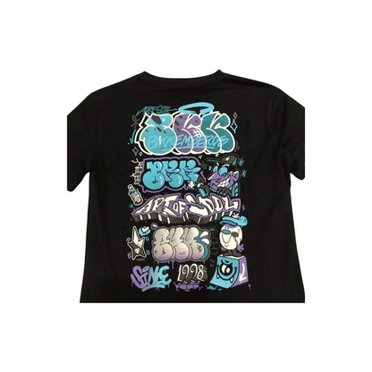 maglietta Bikkembergs ragazzo manica corta nera vista retro con stampa graffiti colorata turchese viola bianca