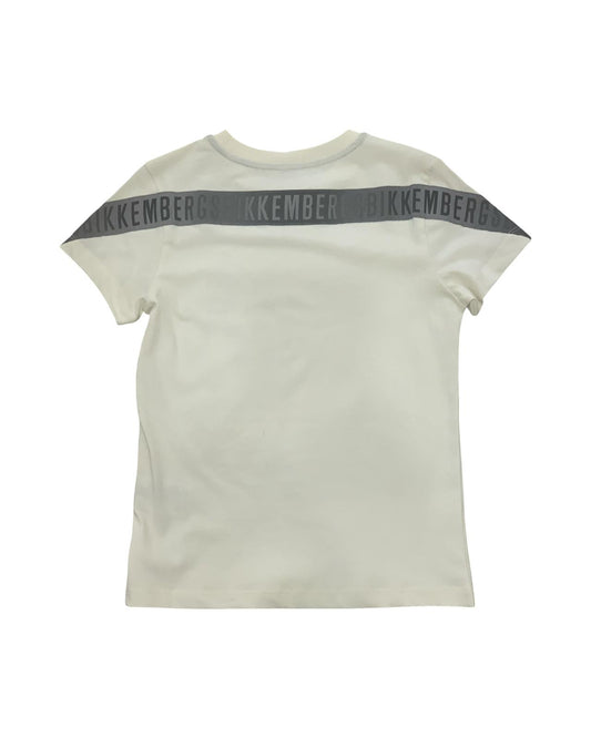 Maglietta Bikkembergs ragazzo off white con logo verticale sulla schiena in grigio