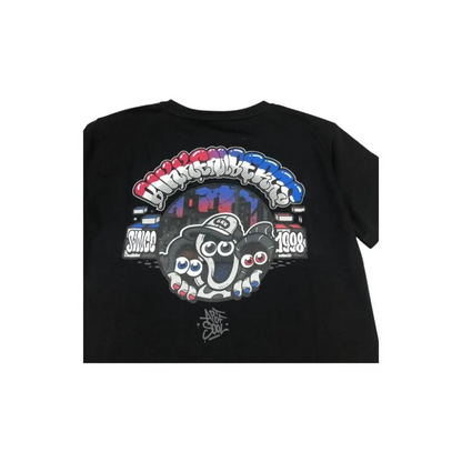 maglietta cotone ragazzo Bikkembergs nera con stampa posteriore stile graffiti polpo e skyline colorato