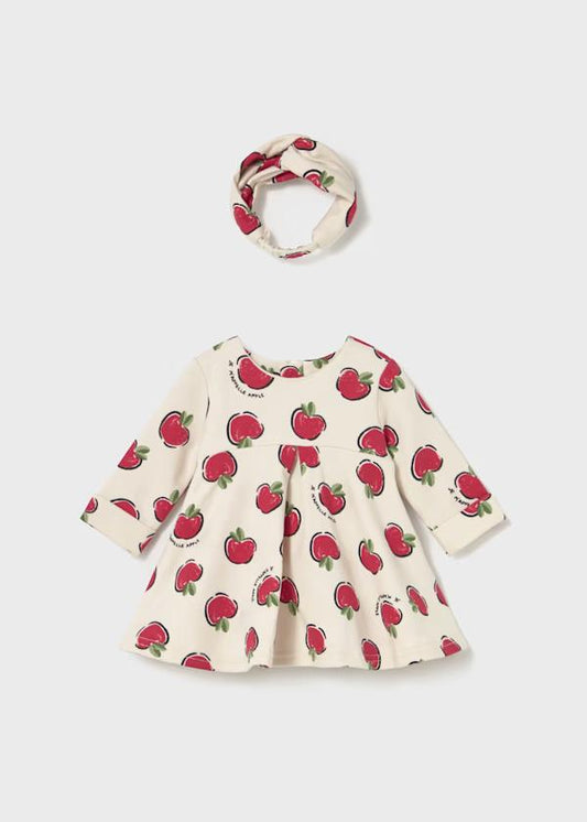 Mayoral Vestito Bambina Mela con Fascia, Cotone per bambina. Abito crema maniche lunghe con stampa mele rosse e fascia coordinata.
