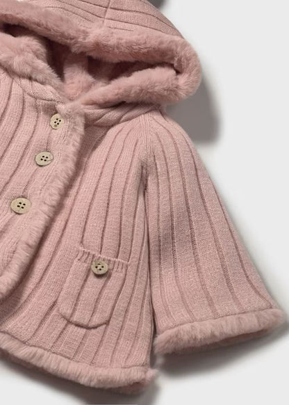Mayoral Giacca in maglia con pellicciotto rosa bambina con cappuccio bottoni e taschino