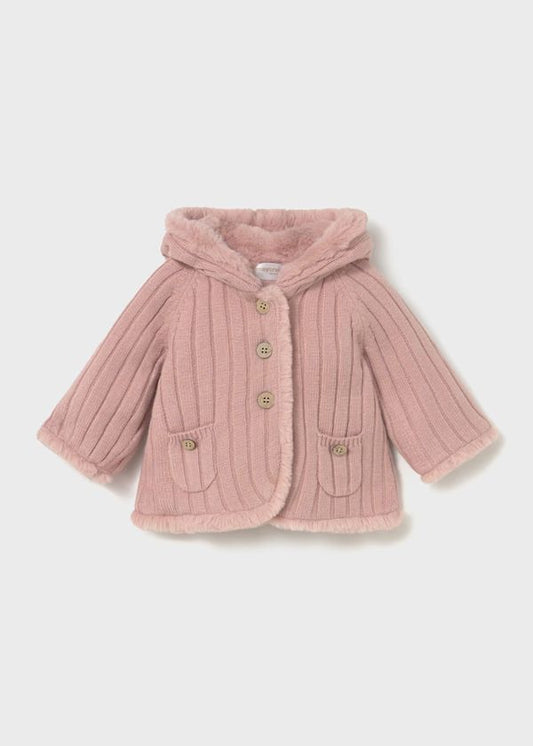 Giacca in maglia con pellicciotto rosa bambina Mayoral con cappuccio bottoni e tasche morbida e calda per bambina