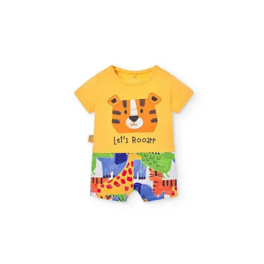 tutina corta bambino colorata Boboli con stampa tigre sulle maglietta e fantasia animale sui pantaloncini
