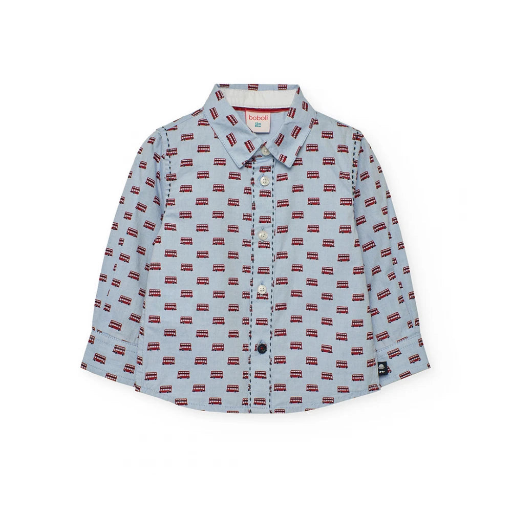 Camicia oxford manica lunga per bambini Boboli azzurra con motivo a autobus rossi e blu