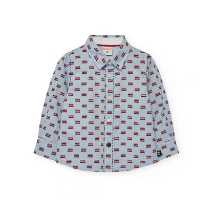 Camicia oxford manica lunga per bambini Boboli azzurra con motivo a autobus rossi e blu