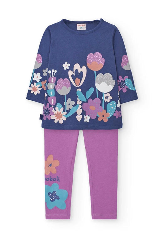 Boboli completo bambina fiori lilla con maglia blu scuro a fantasia floreale e leggings lilla con stampa a fiori