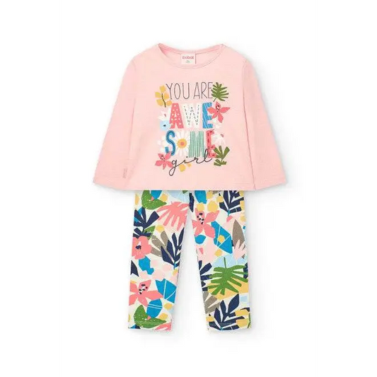 Completo bambina maglietta rosa con scritta colorata e leggings fantasia floreale Boboli