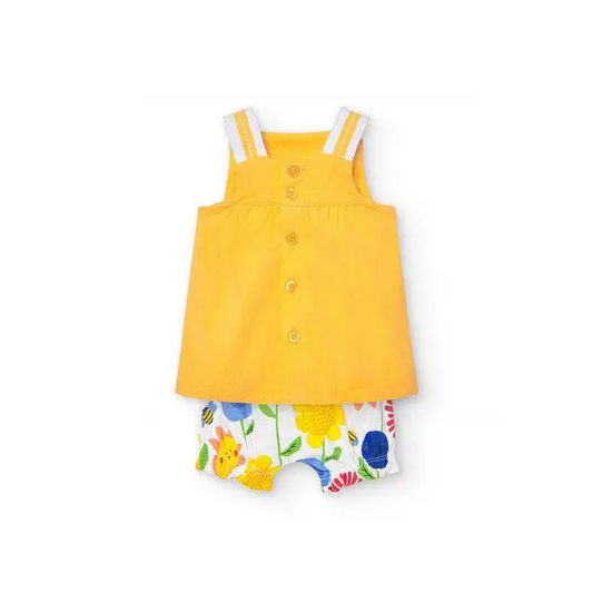 Completo estivo neonata Boboli con top giallo e pantaloncini bianchi a fiori colorati