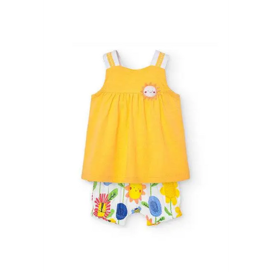 Completo estivo neonata Boboli con vestitino giallo e pantaloncini floreali colorati