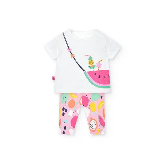 Completo leggings neonata Boboli con maglietta bianca decorata e leggings colorati con frutta