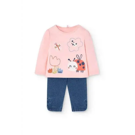 Completo neonata Boboli con maglia rosa a maniche lunghe e pantaloni blu con stampa di insetti e fiori