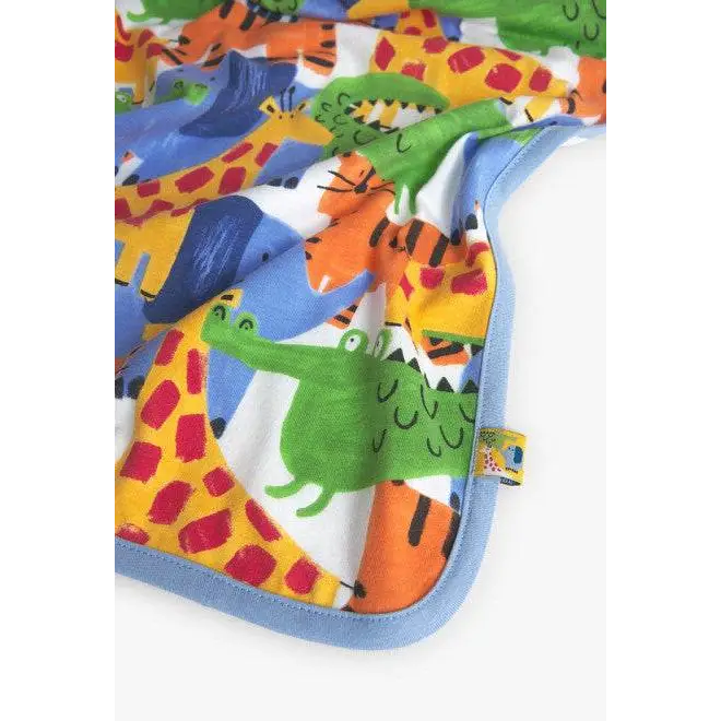 copertina neonato double face Boboli in morbido cotone con stampa animali colorata e bordo azzurro