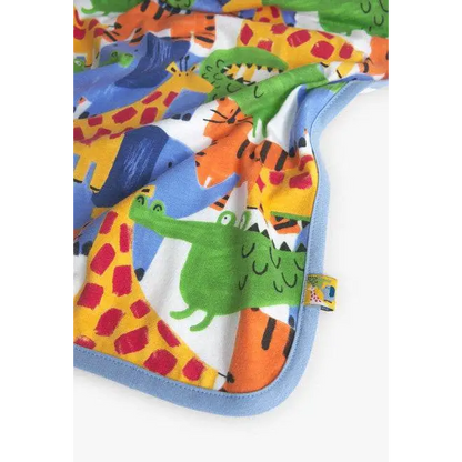copertina neonato double face Boboli in morbido cotone con stampa animali colorata e bordo azzurro