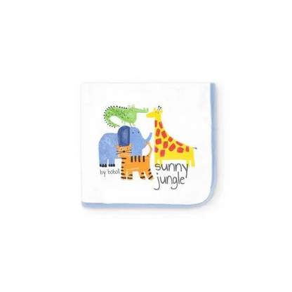 copertina neonato double face Boboli bianca con bordino azzurro e stampa animali della giungla sunny jungle