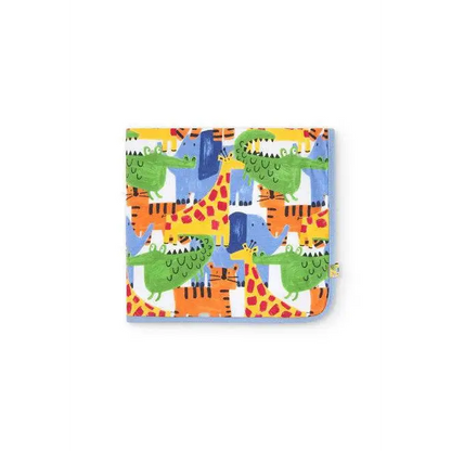 copertina neonato double face Boboli con stampa colorata di giraffe coccodrilli ed elefanti reversibile morbidissima per passeggino
