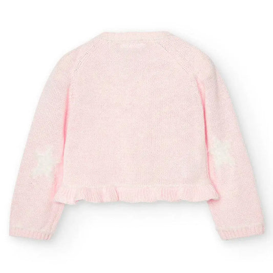 Boboli giacchetta tricot rosa neonata, cardigan in maglia rosa chiaro con volant e stelle sui gomiti