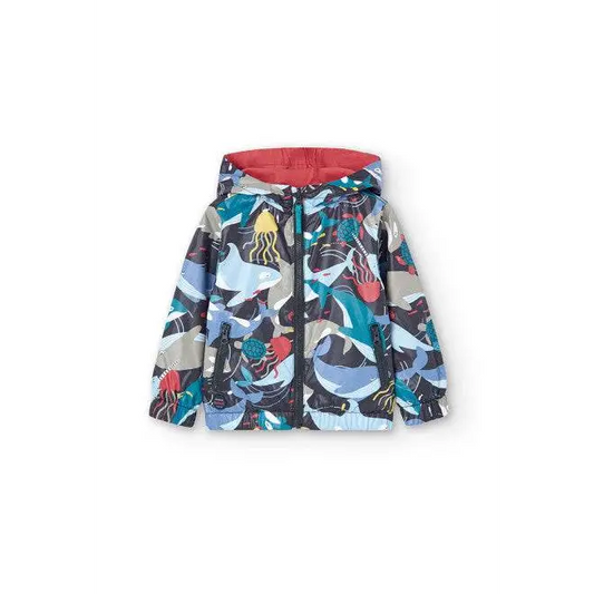 giubbotto reversibile bambino Boboli con cappuccio motivo animali marini interno rosso e zip