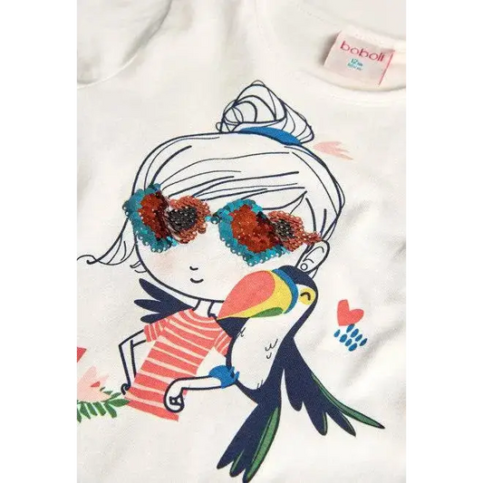 Maglietta bambina Boboli bianca con stampa colorata di bambina e tucano con occhiali glitterati