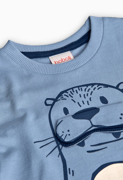 Maglietta bambino foca manica corta Boboli in cotone azzurro con stampa animale sul davanti