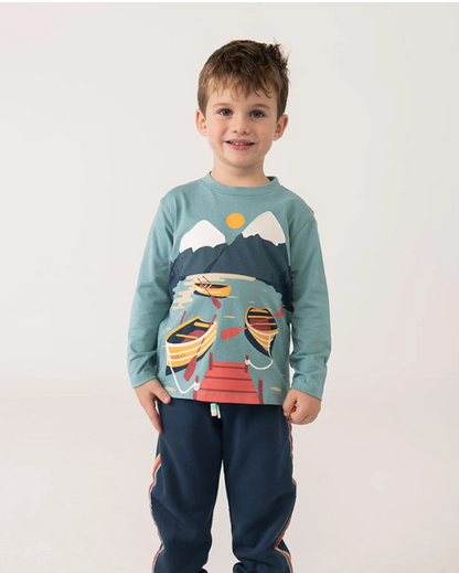 Maglietta bambino stampata in maglia verde turchese Boboli con disegno barche e montagne