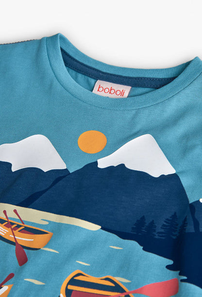 Maglietta bambino stampata in maglia verde turchese Boboli con disegno di montagne e barche
