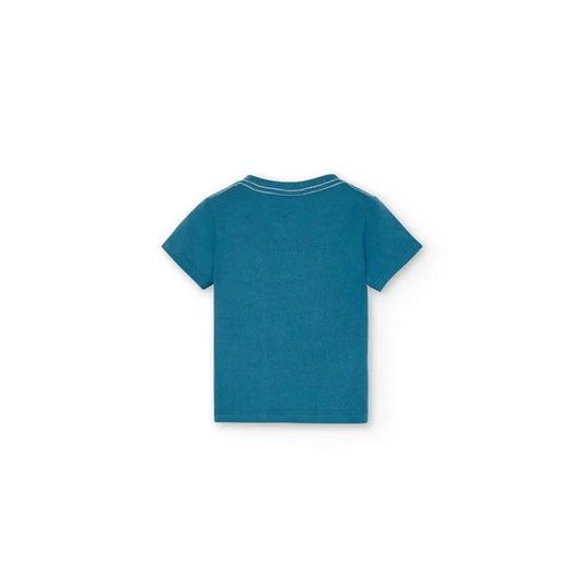 maglietta bimbo Boboli turchese manica corta vista retro con cuciture bianche sul collo casual