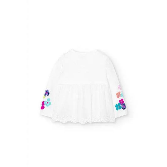 Maglietta fiori bambina Boboli bianca con maniche lunghe e decorazioni floreali colorate