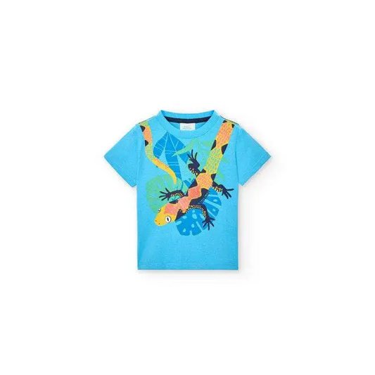 maglietta stampata bambino Boboli in cotone azzurro con stampa lucertola colorata e foglie tropicali per gioco