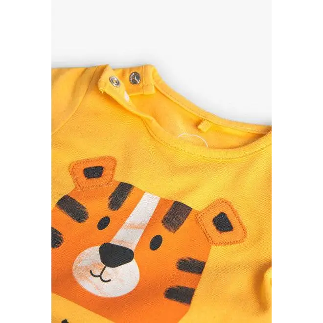 Boboli tutina corta bambino colorata gialla con stampa tigre e bottoni a pressione sulla spalla