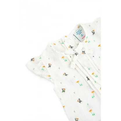 tutina corta neonato Boboli in mussola di cotone bianco con stampa fiori e uccellini maniche a volant e fiocco frontale