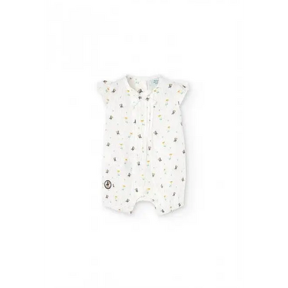 tutina corta neonato Boboli bianca con stampa di piccoli animali e fiori zip frontale e maniche corte