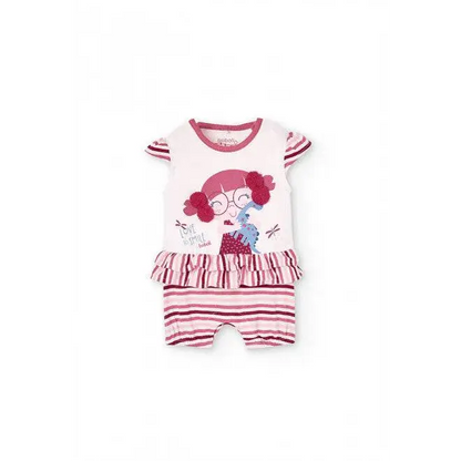 tutina corta neonato rosa Boboli con stampa bimba occhiali volant a righe rosa e bianco in cotone morbido