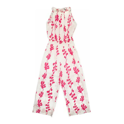 TUTA LUNGA A PALAZZO BIANCO CON UNA STAMPA CORALLO BAMBINA con scollo halter vita elasticata e pantaloni palazzo ampi