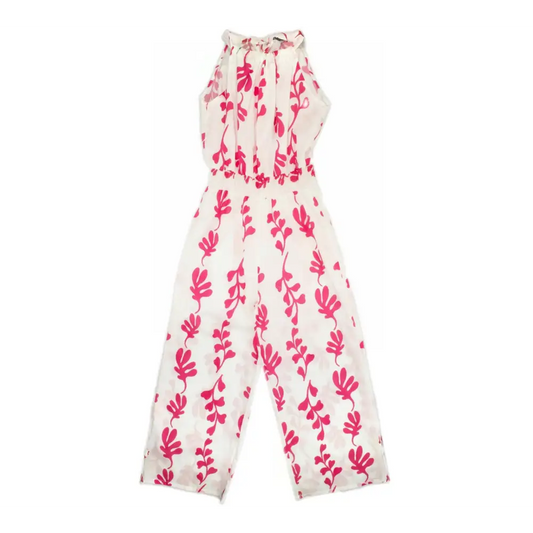 TUTA LUNGA A PALAZZO BIANCO CON UNA STAMPA CORALLO BAMBINA con scollo halter vita elasticata e pantaloni palazzo ampi