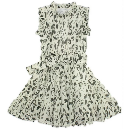 abito fantasia ragazza 8-16 anni YClu in chiffon panna con stampa foglie verde militare volant e cintura