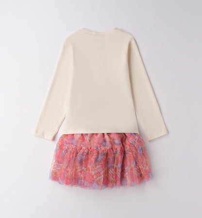 Comodo completo bambina rosa dolciumi Sarabanda vista retro con maglia crema maniche lunghe e gonna tulle rosa a strati