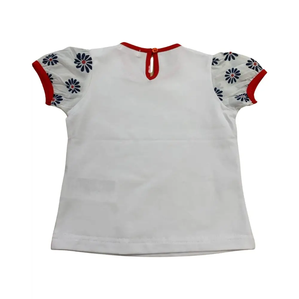 Maglietta bianca maniche corte bambina con dettagli rossi e fiori blu Y-Clù