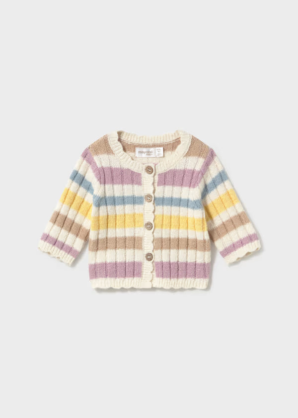 Completo 3 Pezzi Neonata con Cardigan Multicolore e Pantaloni in Velluto Viola