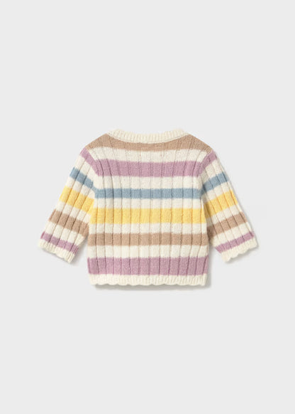 Completo 3 Pezzi Neonata con Cardigan Multicolore e Pantaloni in Velluto Viola