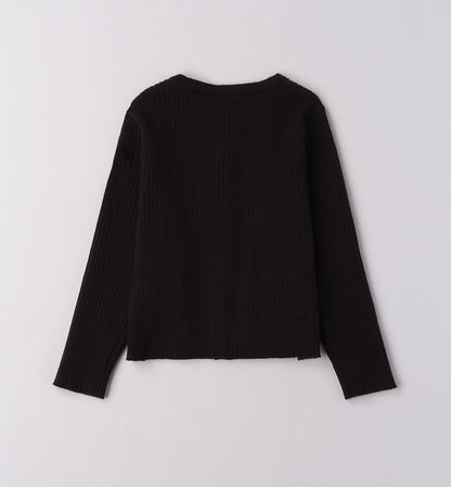Cardigan nero bambina con design a coste e maniche lunghe, vista posteriore