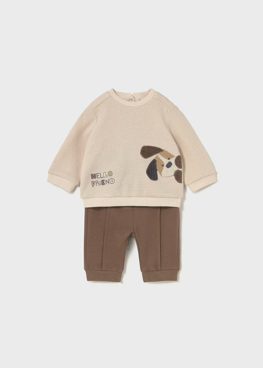 Completo 2pz Tuta con Felpa e Pantalone in beige e marrone con design di un cane per neonati