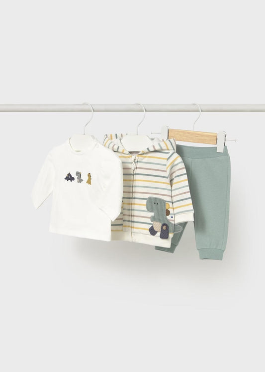 Completo 3pz Tuta con maglietta neonato in tonalità chiare con stampa animale e cappuccio