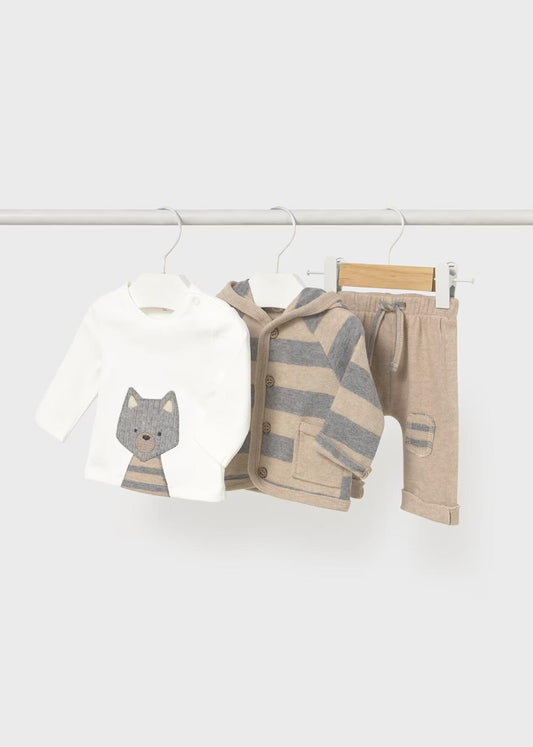 Completo 3pz Tuta con maglietta neonato con motivo di lupo e pantaloni a righe