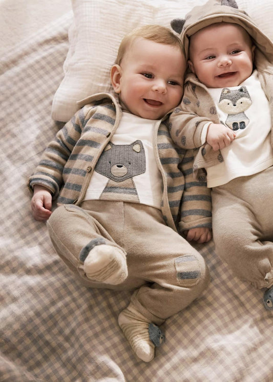 Completo 3pz Tuta con maglietta neonato in beige e grigio con motivi di animali