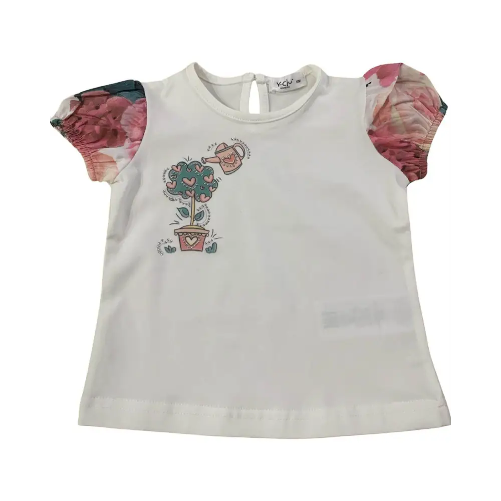 Completo bambina estivo 6 mesi Y-Clù maglietta bianca con maniche a fiori e stampa albero cuore