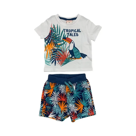 Completo corto 2 pezzi per Bambino Boboli con maglietta bianca e pantaloncini colorati tropicali