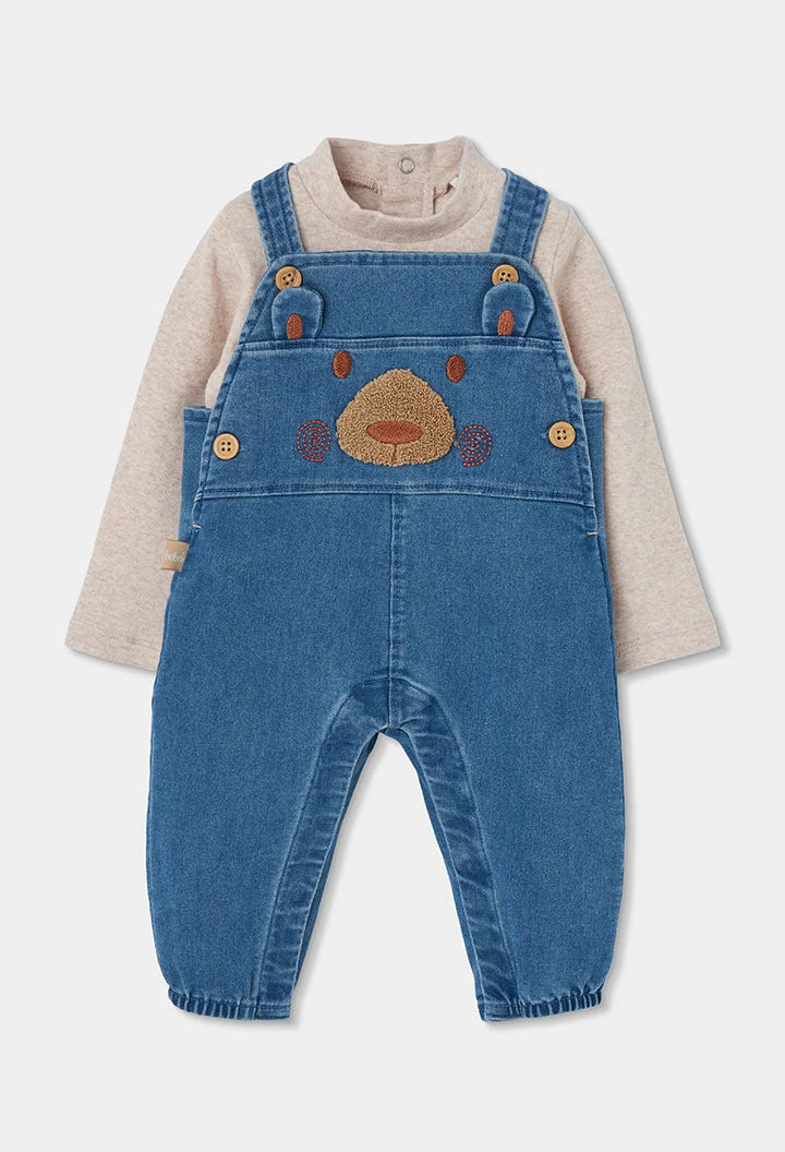 Completo denim neonato blu ricamato con orsetto