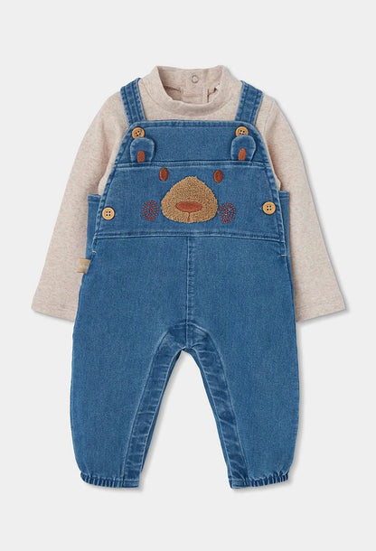 Completo denim neonato blu ricamato con orsetto